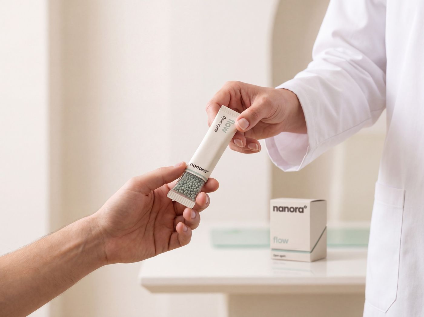 A practitioner handing a nanora stick to a patient